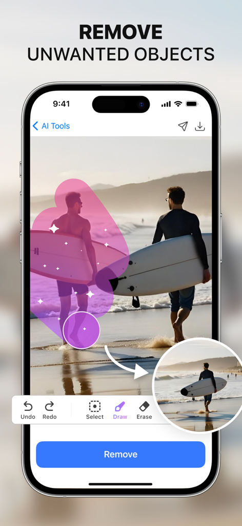 Monet AI - Fix Photo & Enhance - Captura de pantalla de la aplicación Monet AI mostrando una función para eliminar objetos no deseados de una foto de playa usando una herramienta de pincel.
