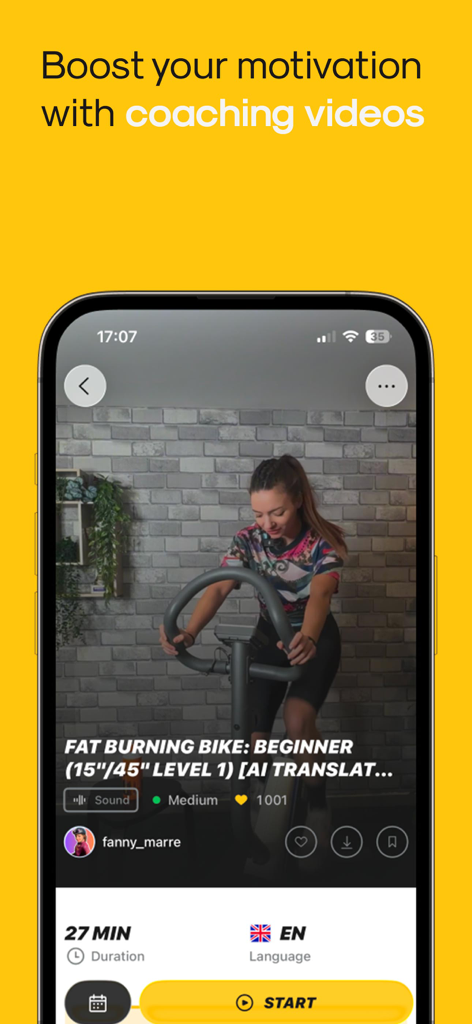 Kinomap: Bike, Run, Row - Kinomap app screen showing a beginner bike coaching video
