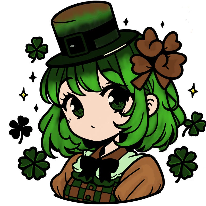 a manga-style girl with clovers around her, a little hat in her hair, like it's saint patrick's day