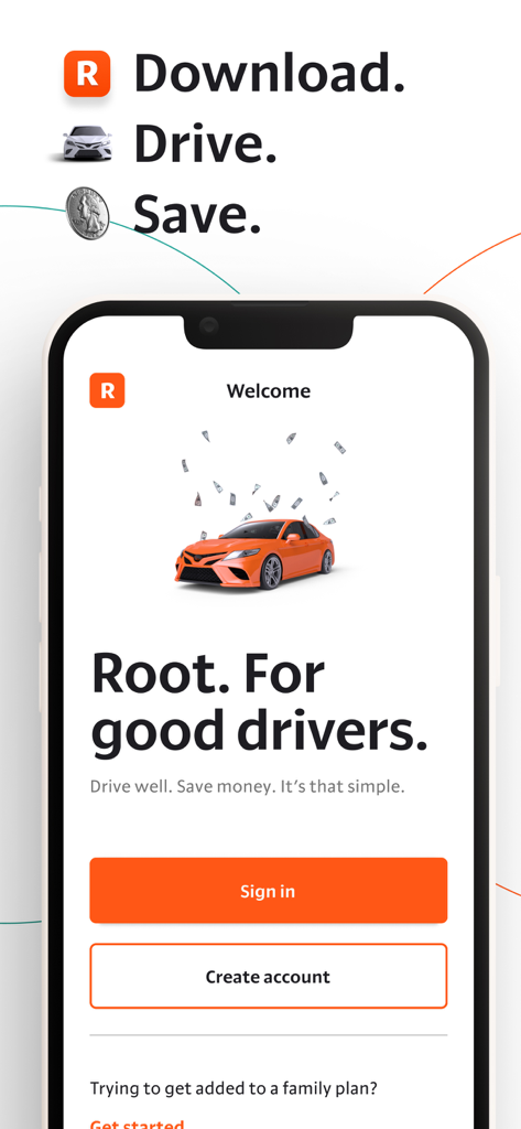 Root car insurance app welcome screen with an orange car and the text Root for good drivers