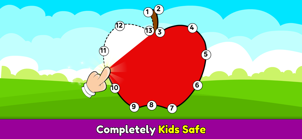 A children's math game showing a connect-the-dots apple with the text Completely Kids Safe