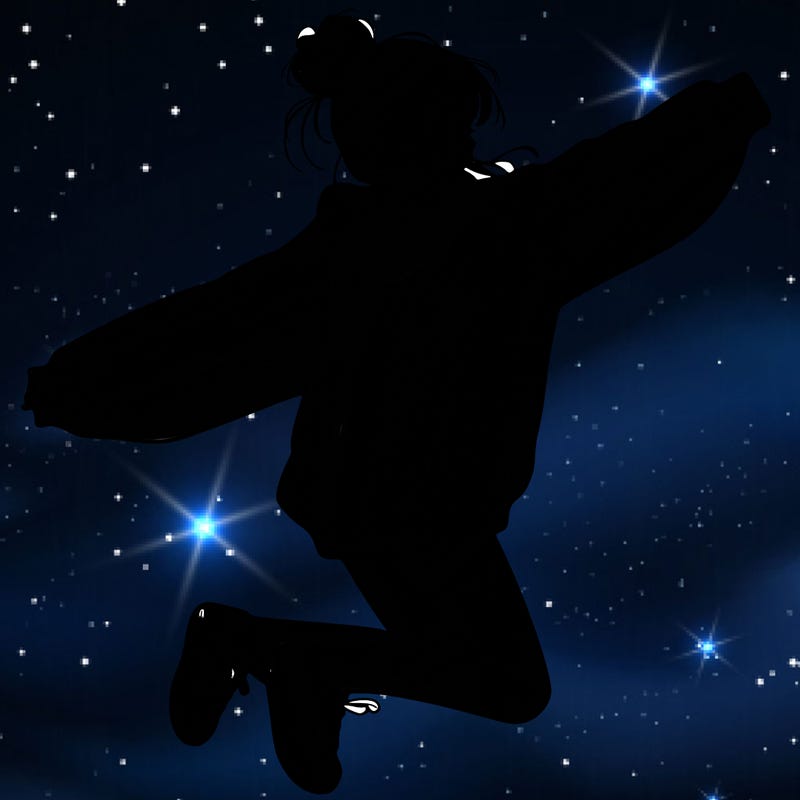 realistic girl jumping with a bun and oversized sweatshirt