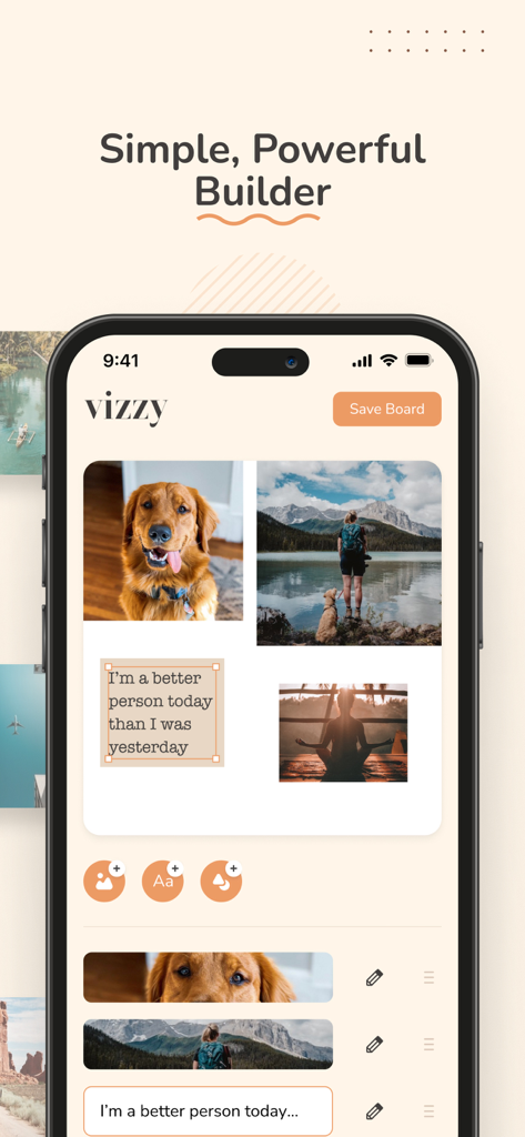 2026 Vision Board Maker Vizzy - Vizzy app interface showing a mobile screen with a digital vision board builder containing photos and affirmations.