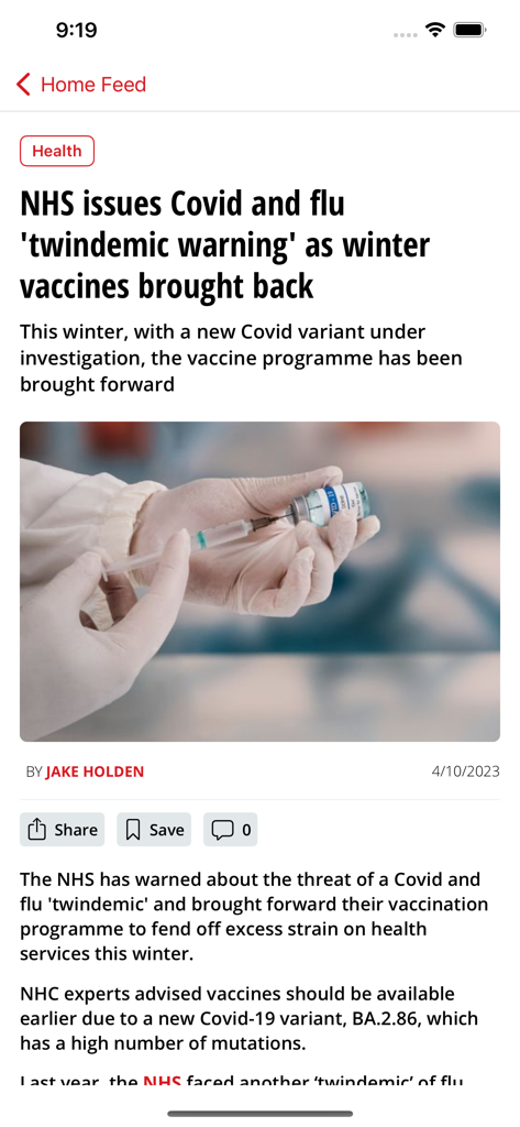 My London Newsアプリの健康記事のスクリーンショットで、NHSの冬のワクチン警告に関するものです