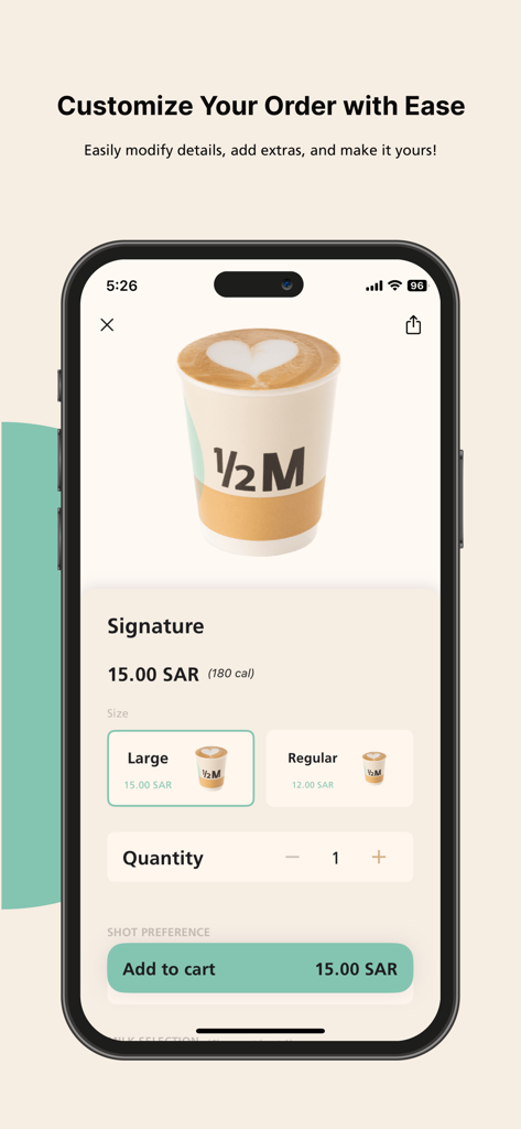Half Million app interface for customizing a signature coffee order with size and quantity selection