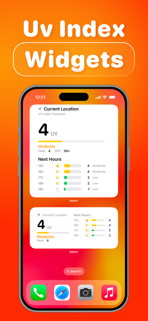 Beam Tanning - Get Tan Fast - Beam Tanning mobile app home screen widgets showing current UV index and hourly forecast for safe sun exposure