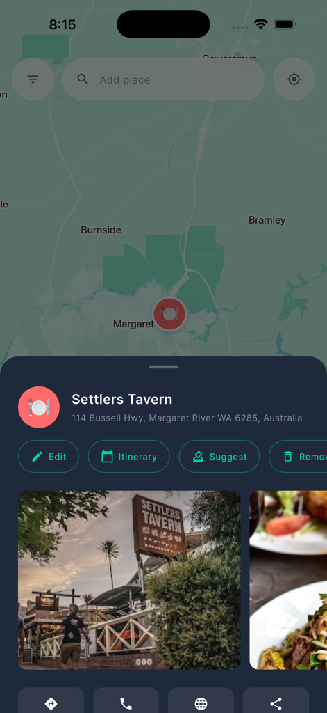 Oddysee - Oddysee app showing a restaurant location on a map with itinerary planning tools