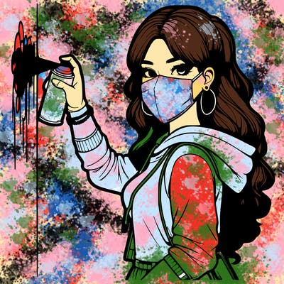 realistic girl with mask spray painting a wall