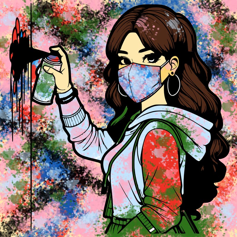 realistic girl with mask spray painting a wall