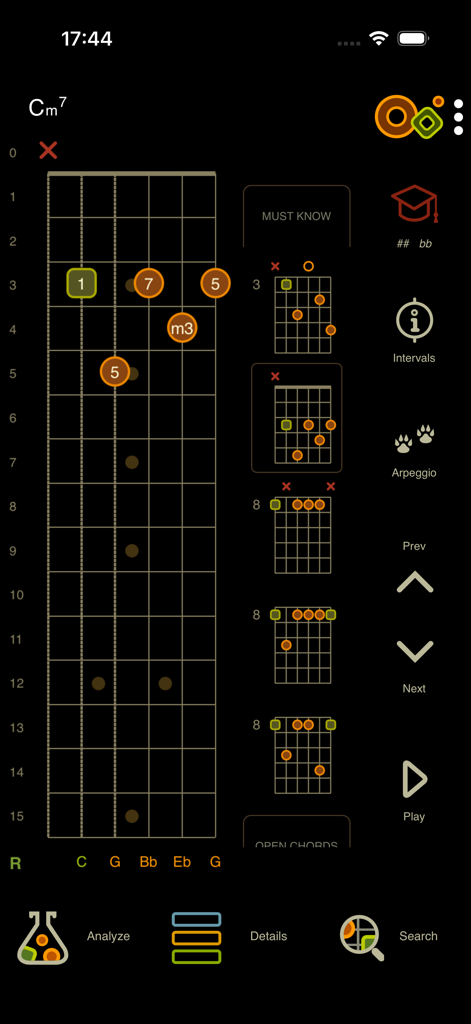 Oolimo app showing Cm7 guitar chord voicings and intervals on an interactive fretboard
