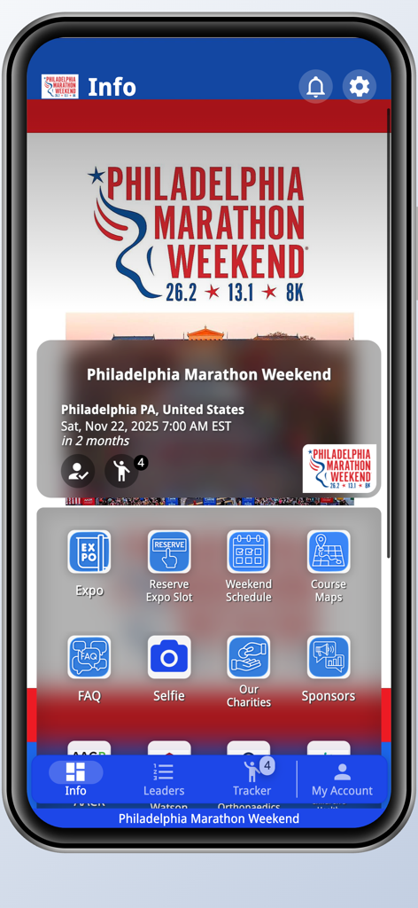 Philadelphia Marathon Weekend - Main info screen of the Philadelphia Marathon Weekend app featuring race schedule course maps and athlete tracking icons