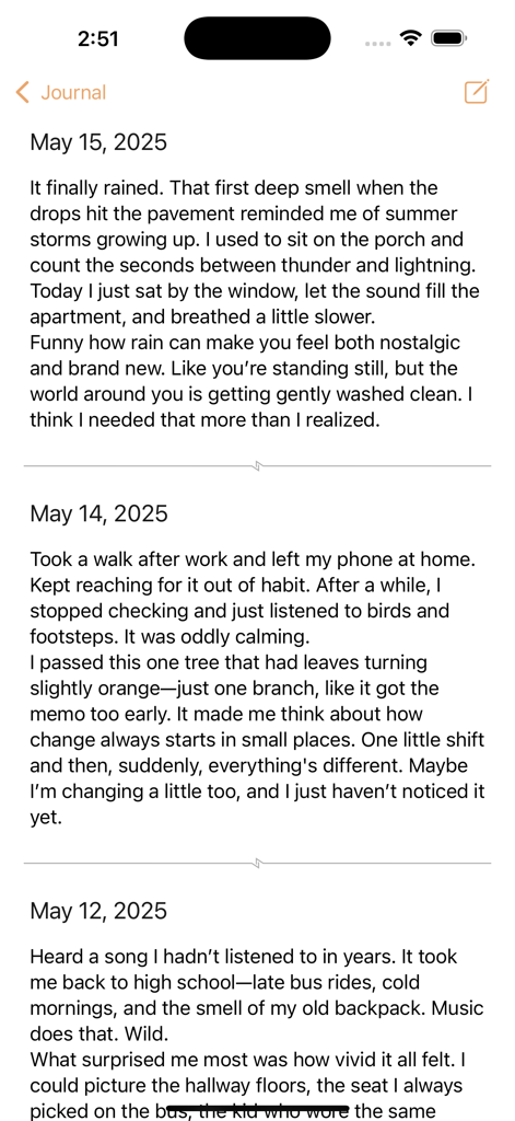 Chapters - Your Daily Notebook - Interfaz minimalista de la aplicación Chapters con entradas de diario y fechas diarias.