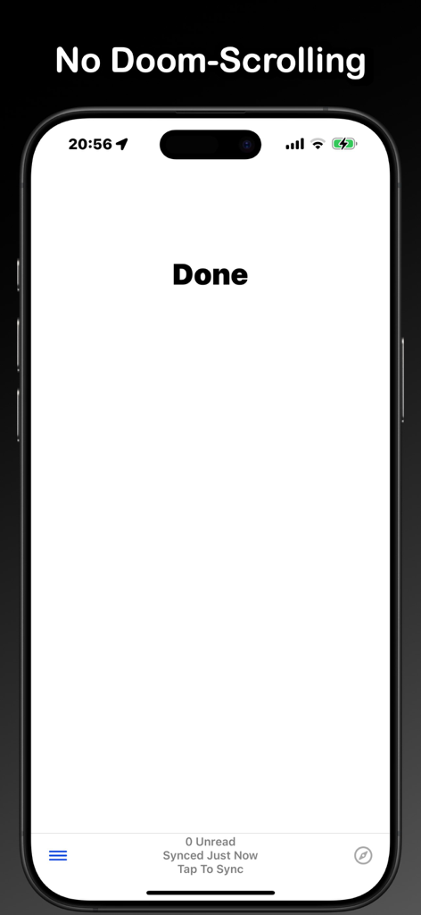 RSS-Filter app screen displaying a Done message and zero unread articles to prevent doomscrolling