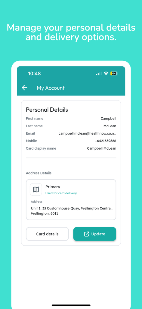 Écran de compte utilisateur dans l'application My Health Now montrant les détails personnels et les informations d'adresse de livraison de la carte.