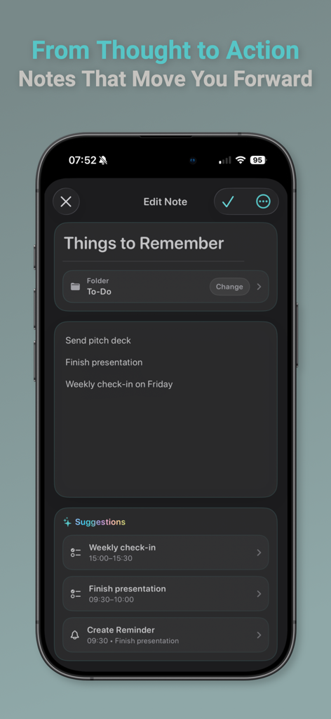 Habit Tracker - Habtik - Habtik app interface showing a note being edited with AI-powered suggestions to convert thoughts into actionable tasks and reminders.
