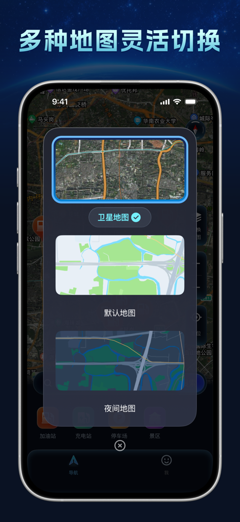 Flexible map style selection interface in Easy Smart Navigation showing satellite default and night mode options