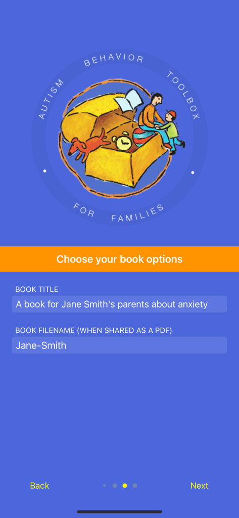 Autism Toolbox - Behavior - Autism Toolbox app screen showing options to customize a behavioral strategy book title and PDF filename