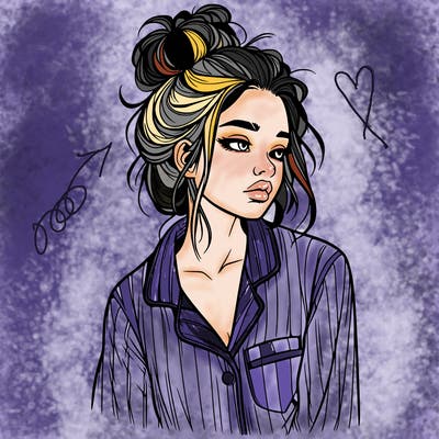 realistic woman with pajamas on and a messy bun