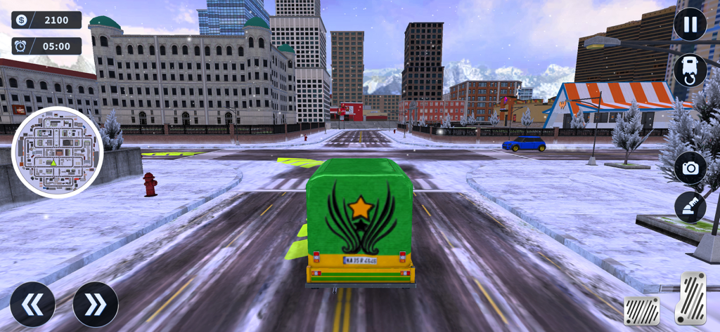 Tuk Tuk Rickshaw Simulator - A green and yellow auto rickshaw driving through a snowy city street in the Tuk Tuk Rickshaw Simulator game