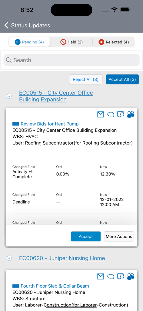 Tela de atualizações de status no aplicativo Oracle Primavera P6 EPPM mostrando o progresso das atividades do projeto e mudanças de prazo.