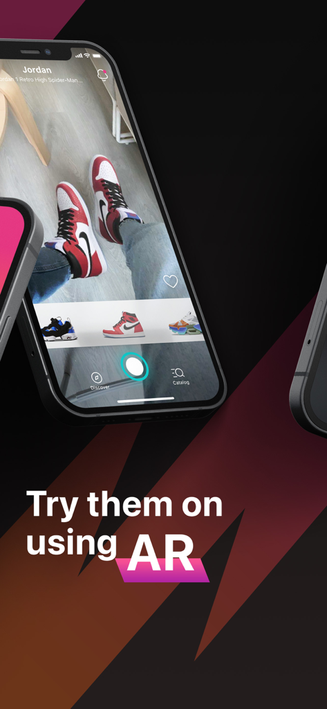 Smartphone displaying a virtual sneaker try-on using augmented reality technology.