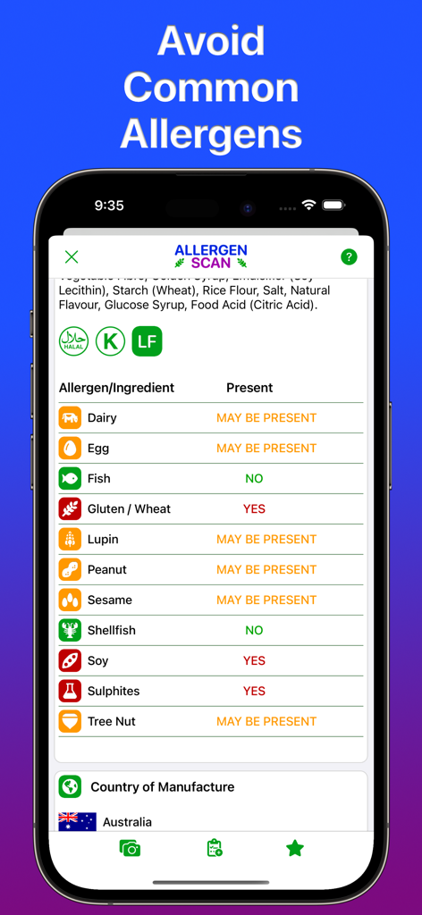 Allergen Scan - Una captura de pantalla de la aplicación Allergen Scan que muestra una lista de alérgenos alimentarios comunes y su estado de presencia para un producto específico