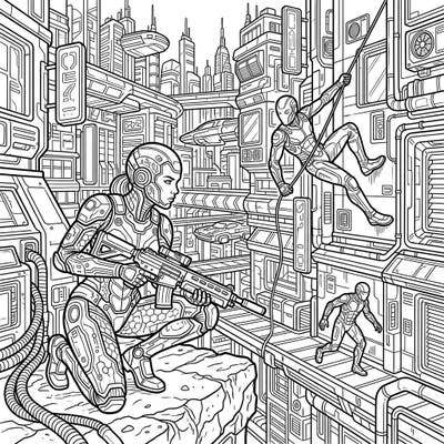 Embark on an epic coloring mission with this dynamic scene featuring stealth cyborgs amidst a bustling futuristic metropolis. Unleash your creativity as you bring these high-tech agents and their intricate urban environment to life.