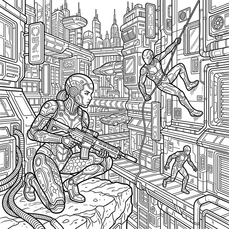 Embark on an epic coloring mission with this dynamic scene featuring stealth cyborgs amidst a bustling futuristic metropolis. Unleash your creativity as you bring these high-tech agents and their intricate urban environment to life.
