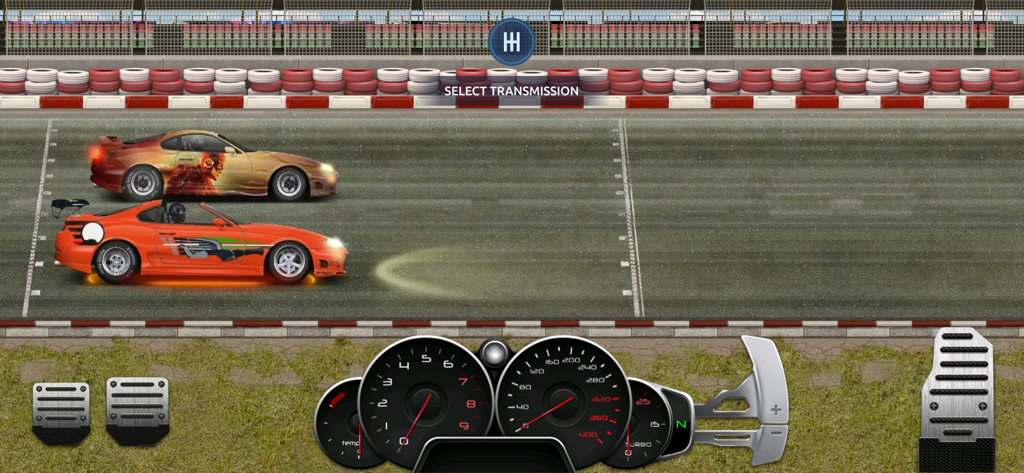 Two customized sports cars at the starting line of a drag race with a realistic simulation dashboard.