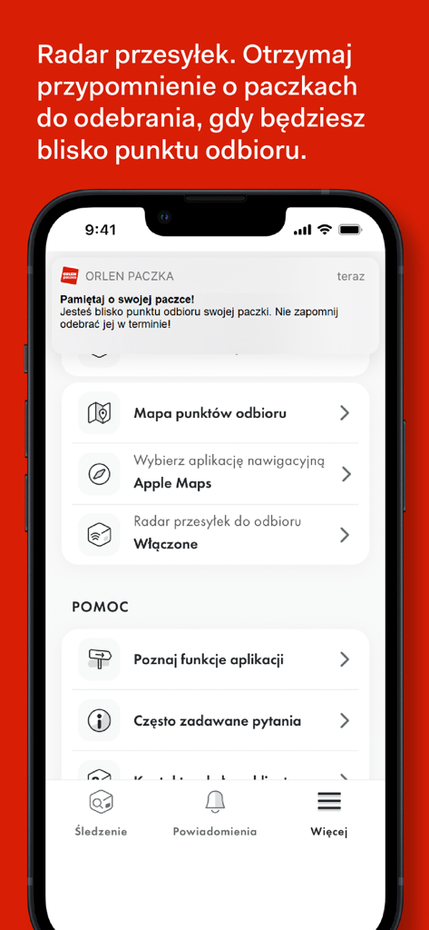 ORLEN Paczka - ORLEN Paczka app interface showing the Parcel Radar notification and pickup point settings on a smartphone