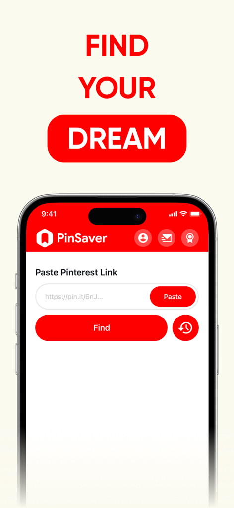 PinSave - Save Pinterest Video - Écran d'accueil de l'application PinSave sur un iPhone montrant un champ pour coller un lien Pinterest et un bouton de recherche