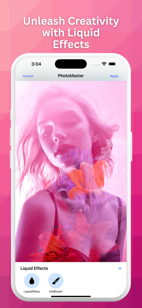 Interfaz de la aplicación PhotoMaster mostrando creativos efectos líquidos en un retrato fotográfico