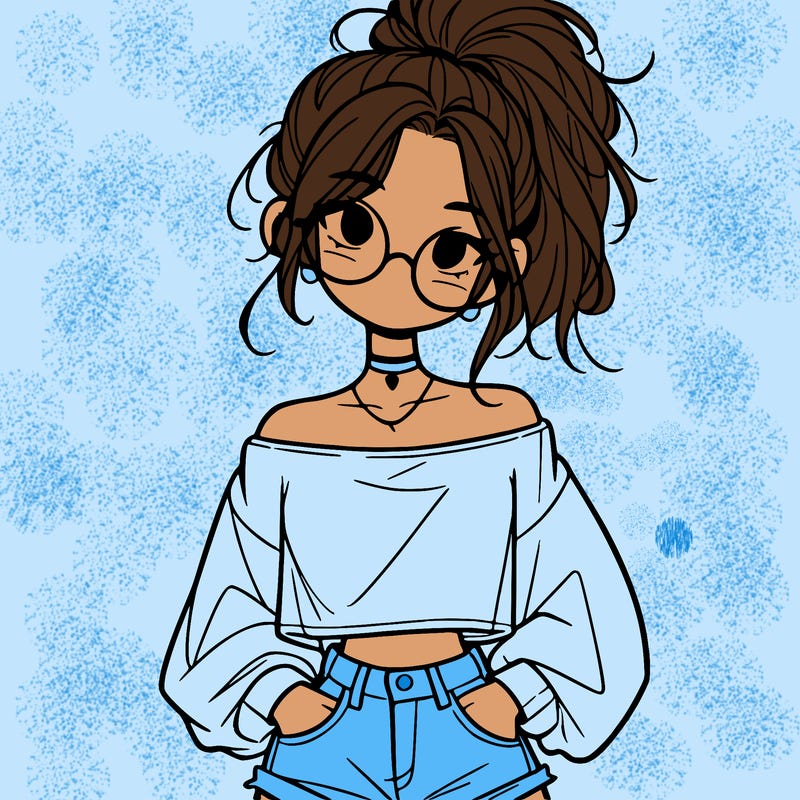 girl with a messy ponytail glasses a baggy crop top and jean shorts