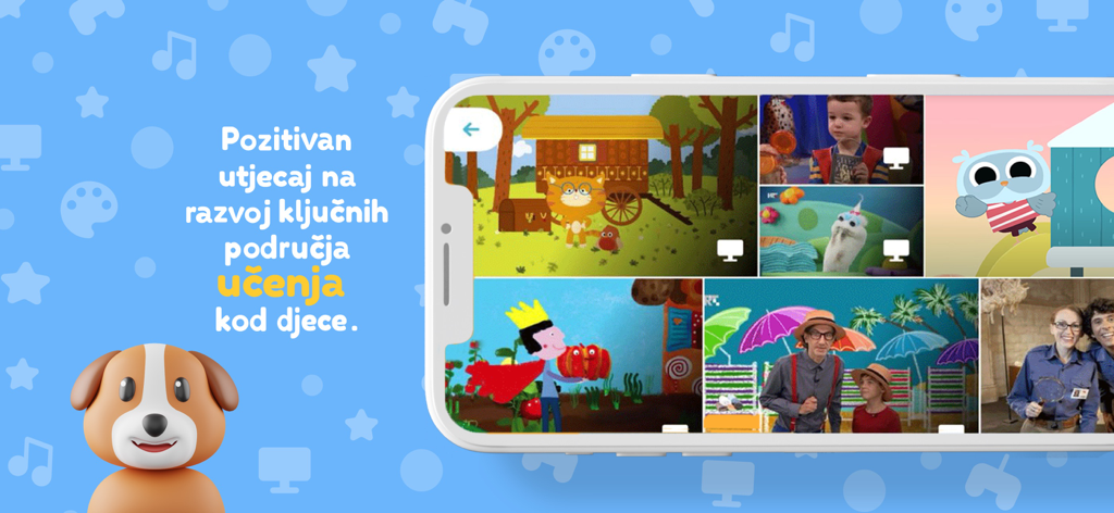 Smartphone displaying the Juhuhu app interface with educational video thumbnails for children and a friendly dog character.