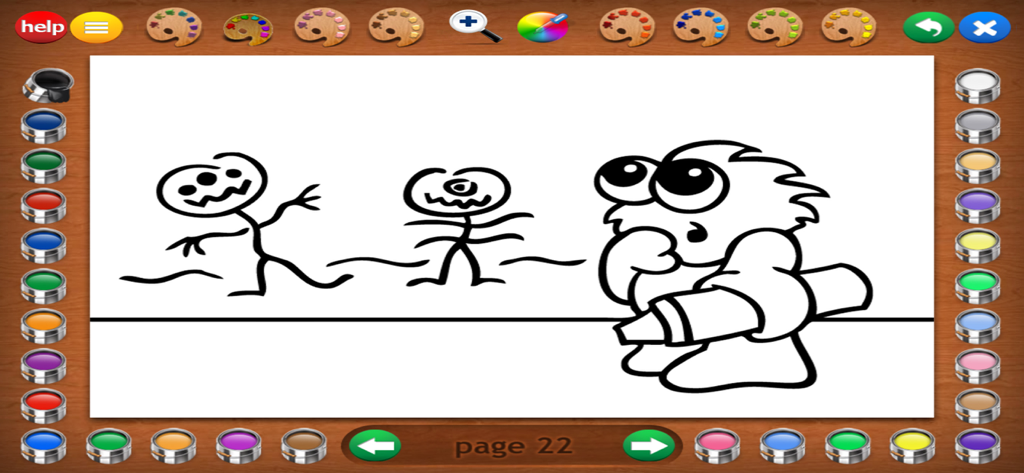 A coloring page in the Little Monsters Coloring Book app showing a monster drawing other monsters with a large crayon surrounded by virtual paint cans