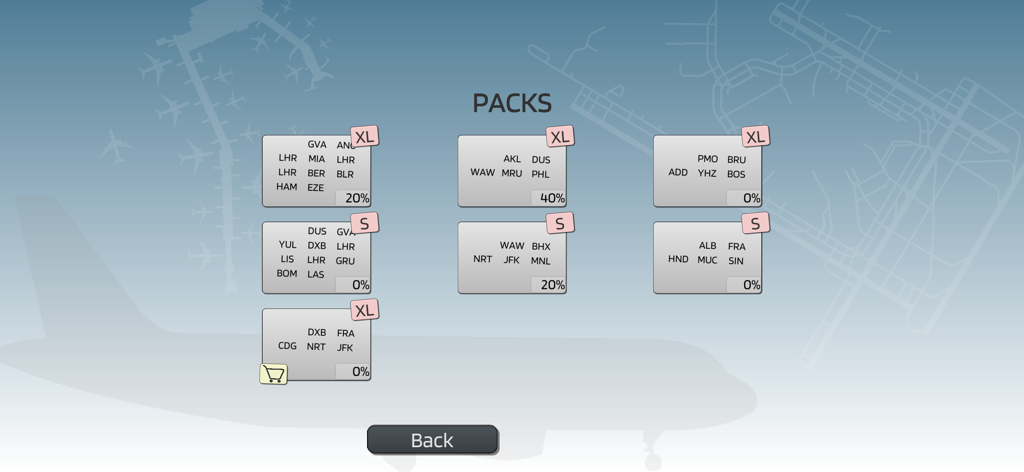 Menú de selección de paquetes de aeropuertos en Hello Tower que muestra varios códigos de aeropuertos internacionales y porcentajes de finalización.