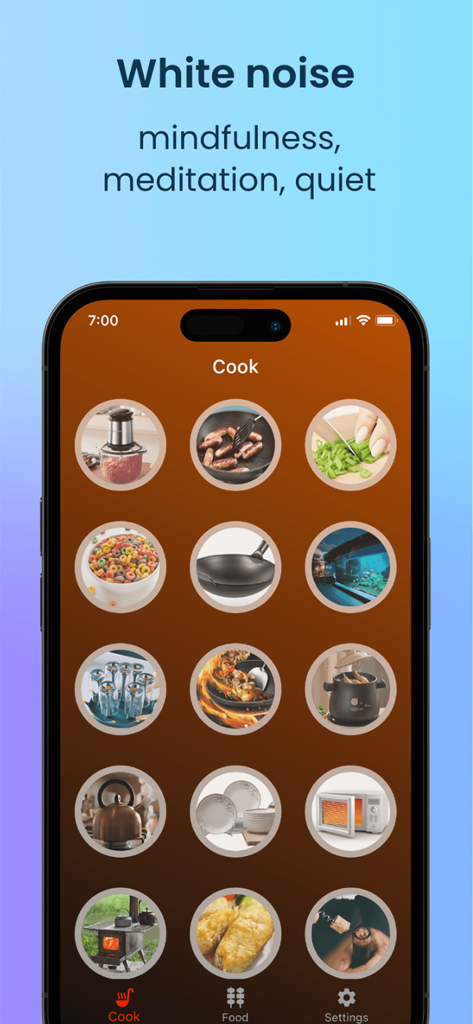 Crunchy - Food White Noise - Interfaz de la aplicación Crunchy que muestra una variedad de sonidos de ruido blanco de cocina para la atención plena y la meditación.