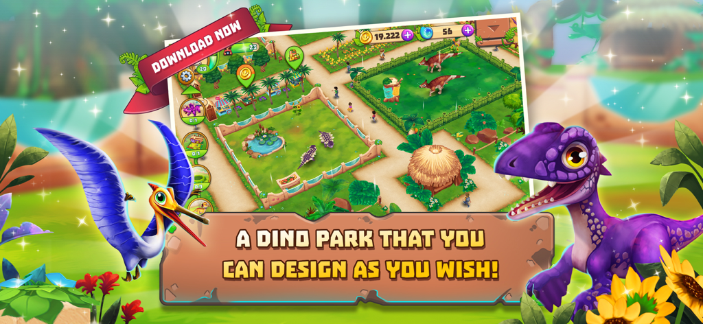Dinosaur Park: Primeval Zoo - A vibrant mobile game screenshot of a dinosaur zoo with various habitats and cute prehistoric animals