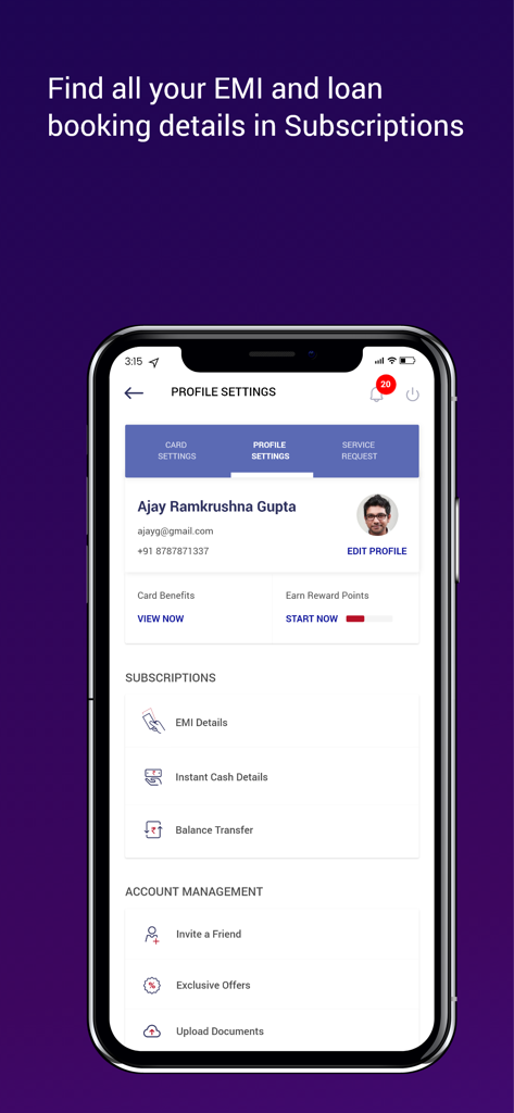 RBL MyCard - RBL MyCard app profile settings screen displaying user information and account management options