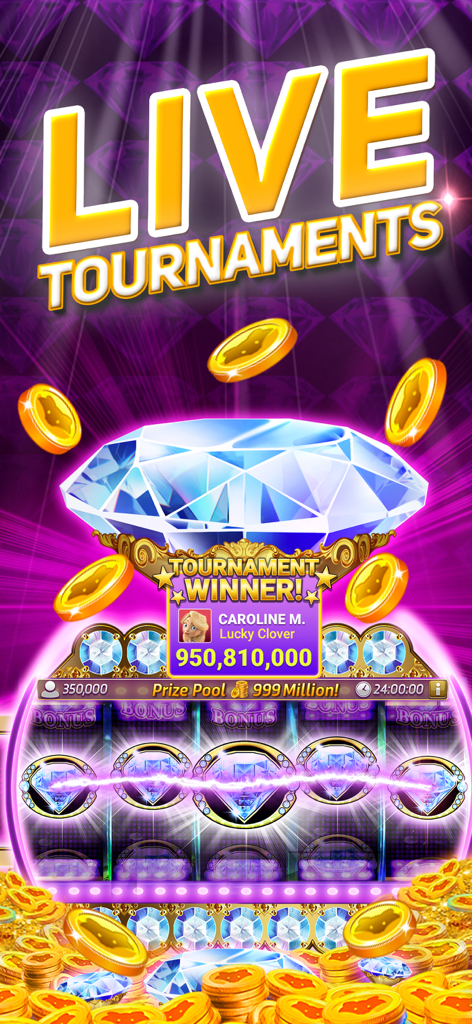 Live tournaments screen featuring a large diamond and tournament winner announcement for Princess Bonus Casino