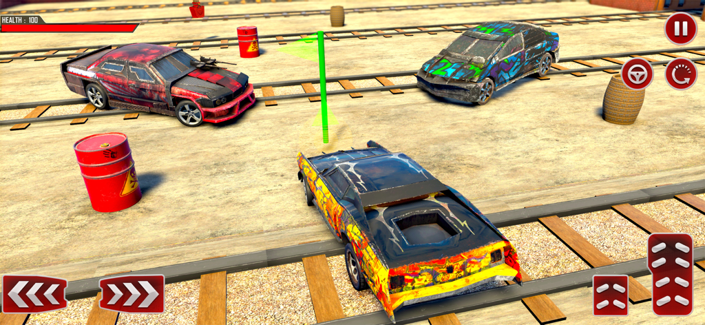 Train Car Derby Crash Sim 3D - Gameplay of Train Car Derby Crash Sim 3D featuring customized cars and obstacles on train tracks