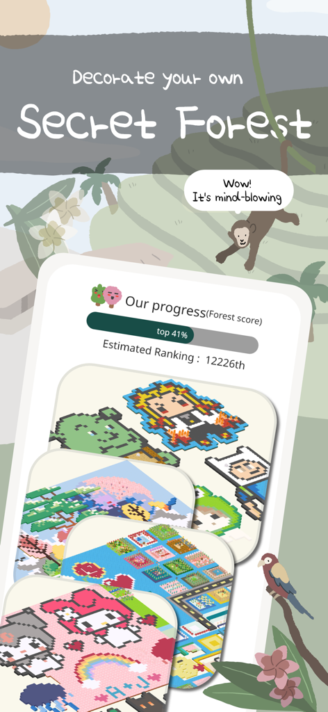 Couple Tree app interface showing the Secret Forest feature with relationship progress score and pixel art decorations