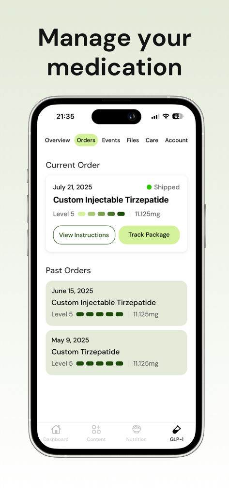 Gala GLP-1 Tracker - Interface of the Gala GLP-1 Tracker app showing current and past medication orders for Tirzepatide with delivery status and dosage details