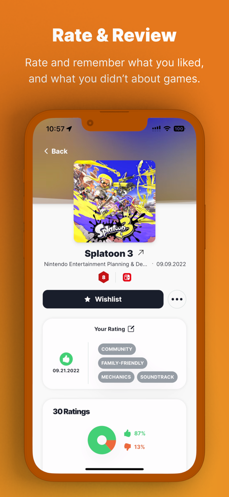 IGN Playlist - IGN 플레이리스트 모바일 인터페이스에 Splatoon 3와 같은 게임 평가 및 리뷰 기능이 표시됨