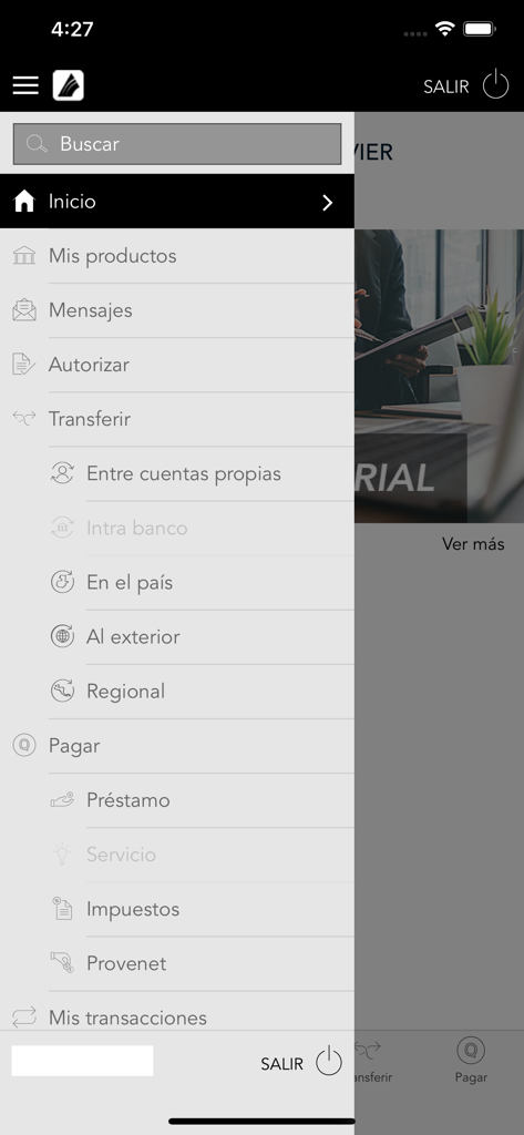 GTCApp Empresa - Side menu navigation of the GTCApp Empresa banking app showing sections for transfers authorizations and payments