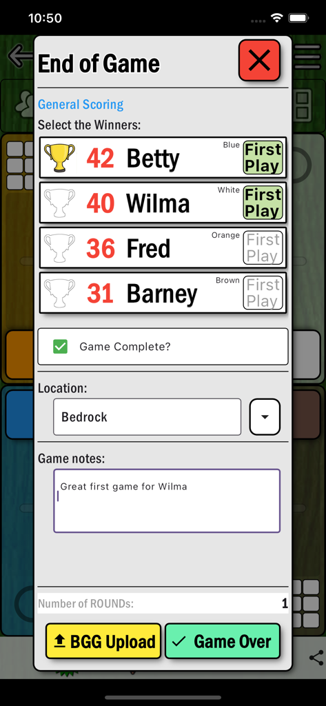 Board Game Buddy - Final score summary screen in Board Game Buddy showing player rankings and BGG upload option