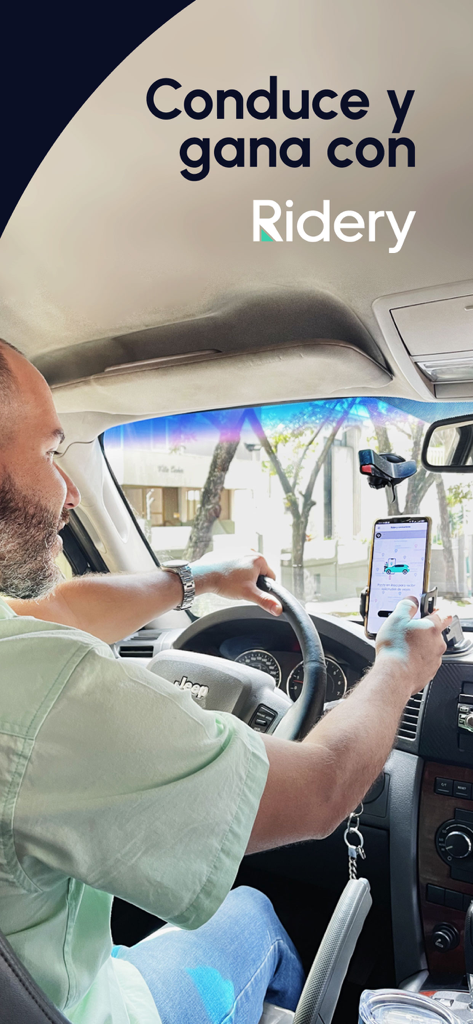 Ridery Drivers - A man driving a car with the Ridery Drivers app open on a dashboard-mounted smartphone