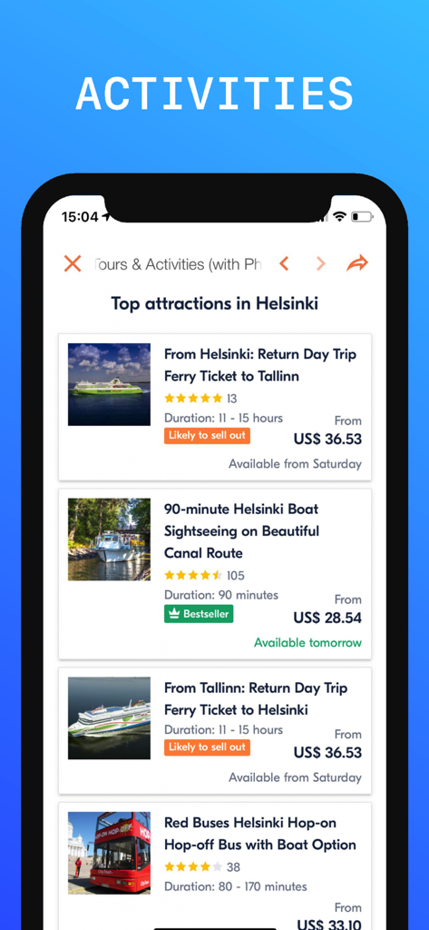 Helsinki Travel Guide app displaying a list of top activities and tours like ferry trips and sightseeing bus options.
