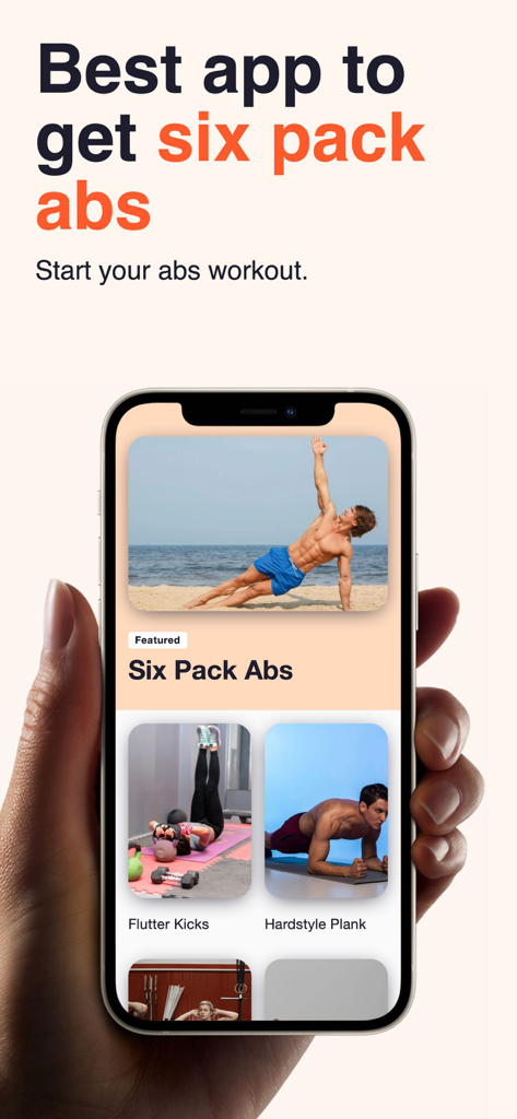 6 Pack Abs - Home Workouts - 6 Pack Abs Home Workouts app interface on an iPhone showing core exercises like flutter kicks and planks
