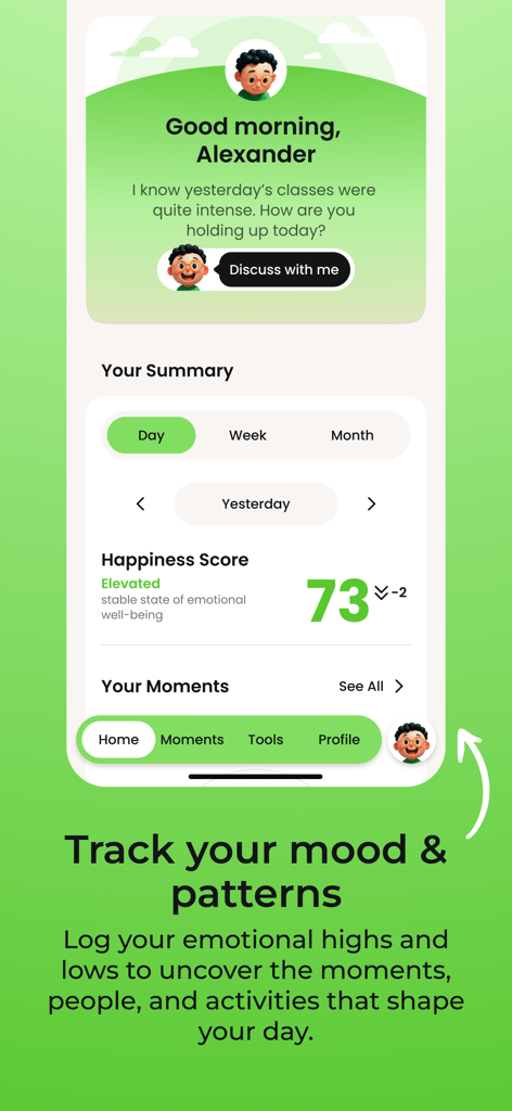 HappyHero app screen showing a daily happiness score of 73 and AI coach mood tracking features